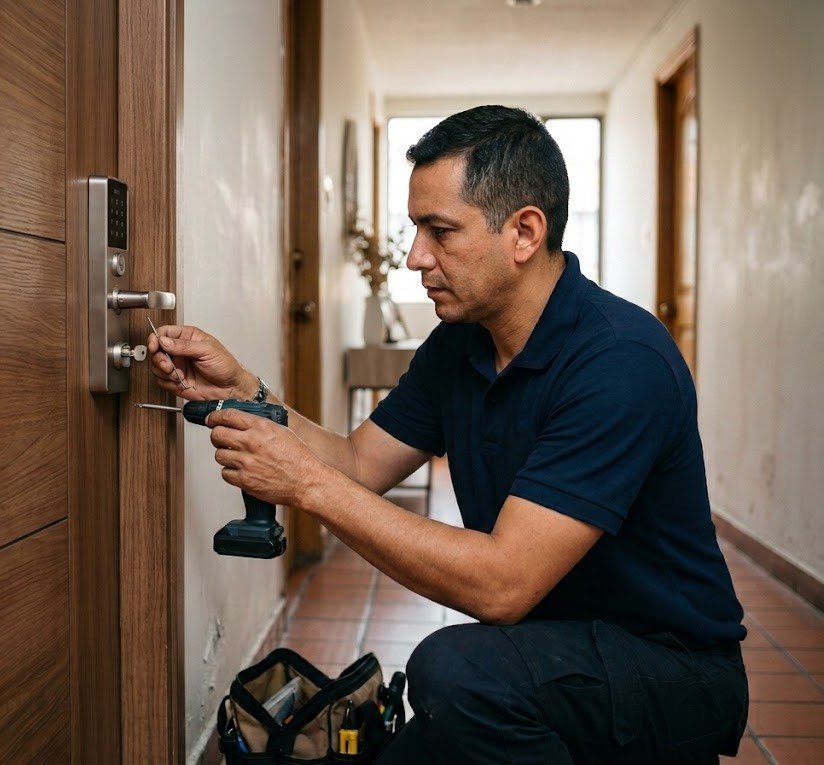 Cerrajero instalando una cerradura digital en una puerta de madera